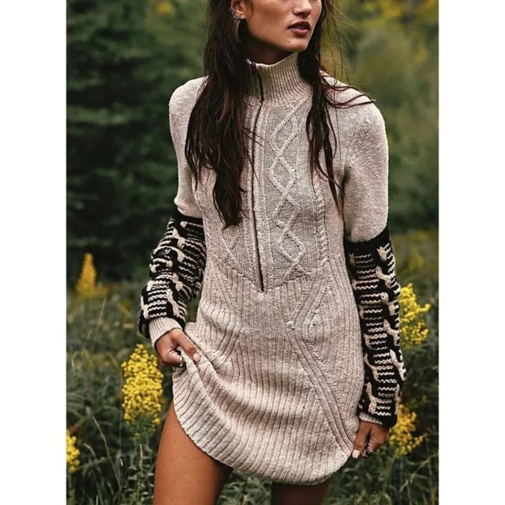 Free People Mont Blanc Knit Detail Cotton Blend Long Sleeve Half Zip Mini Dress